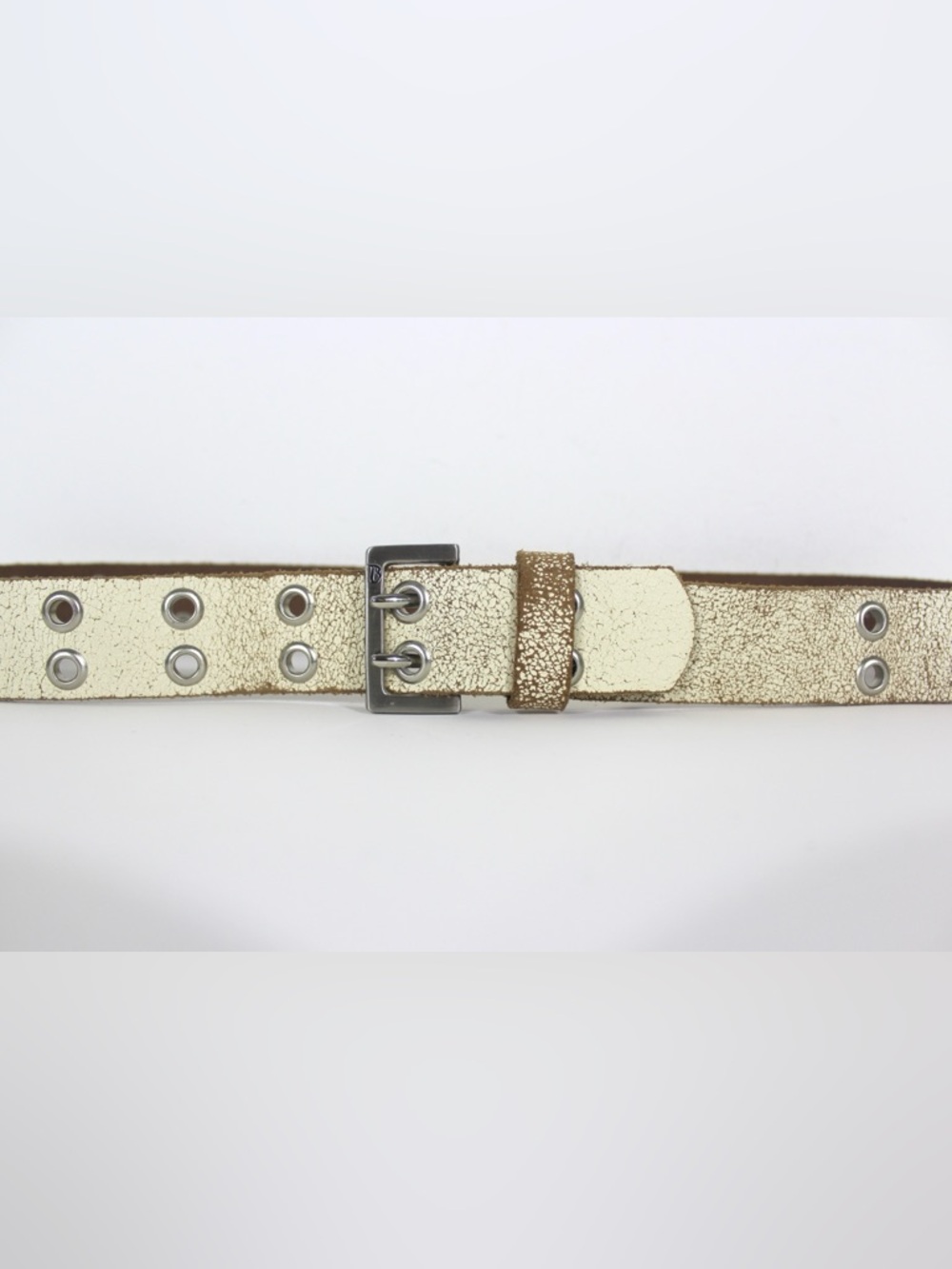 Vintage Crackle Cream White Leather Belt with Silver Grommets Eyelets Rivets